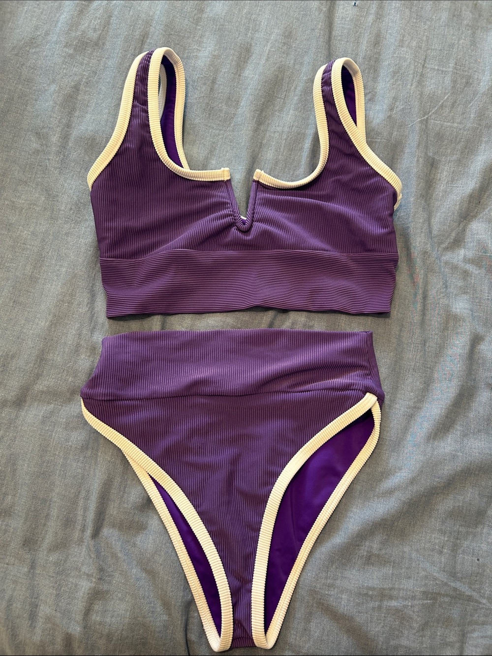 LainSnow Purple Ribbed High-Waist Bikini with Cream Trim